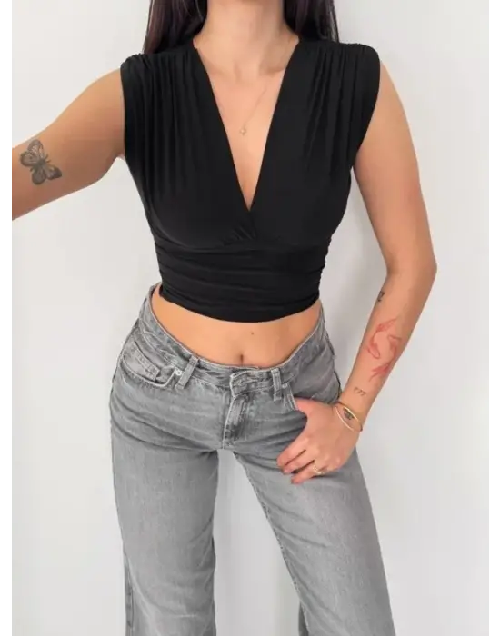 Vatkalı Kolsuz V Yaka Drapeli Crop Bluz Likralı Fit - Siyah