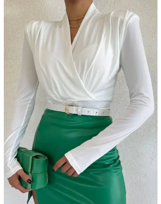 Vatkalı Kruvaze Model Sandy Bluz -Beyaz