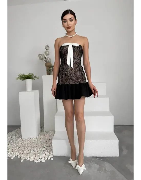 Omarı Çarpıcı Siyah Straplez Elbise