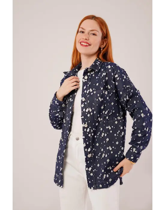 Omarı Vintage Tarz Denim Mavi Gömlek