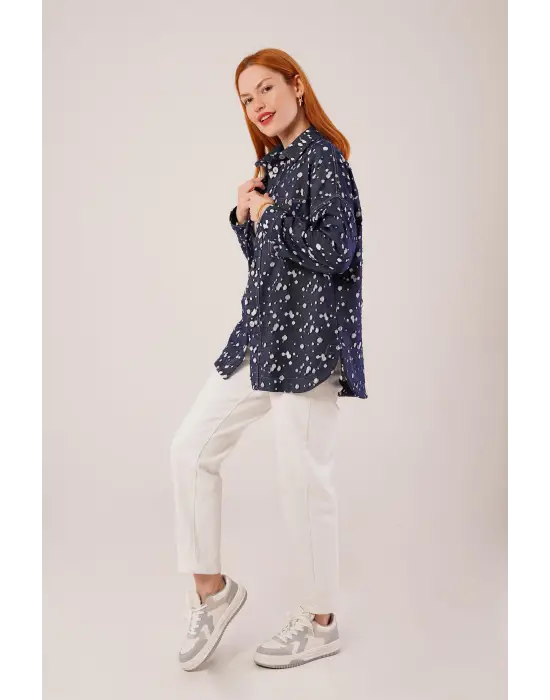 Omarı Vintage Tarz Denim Mavi Gömlek