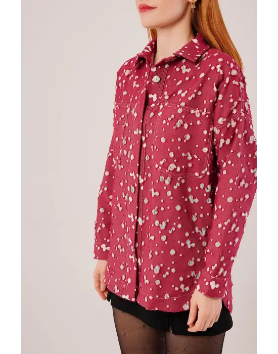 Omarı Vintage Tarz Bordo Denim Gömlek