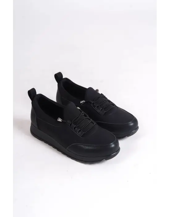 VIOLET Bağcıklı Lastikli Rahat tabanlı ayakkabı Rahat Tabaan Cilt Detaylı Klasik Bayan Babet Anne Ayakkabısı CGünlük Şık - Siyah