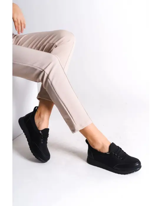 VIOLET Bağcıklı Lastikli Rahat tabanlı ayakkabı Rahat Tabaan Cilt Detaylı Klasik Bayan Babet Anne Ayakkabısı CGünlük Şık - Siyah