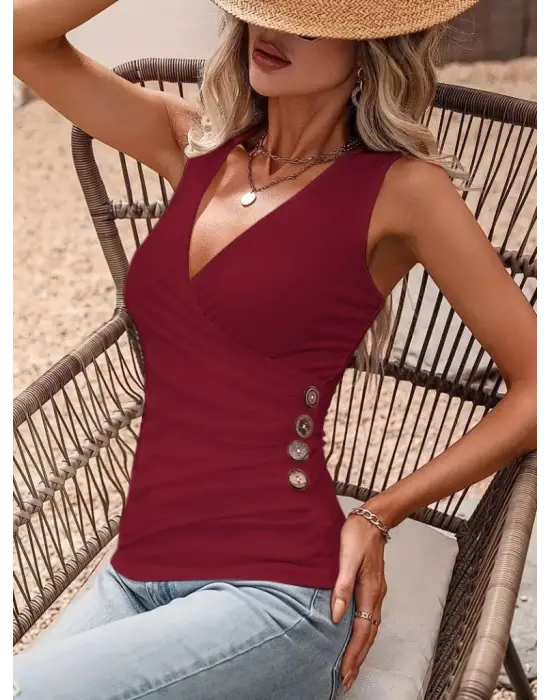 Omarı Kruvaze Kesim Bel Düğme Detaylı Viskon Bluz