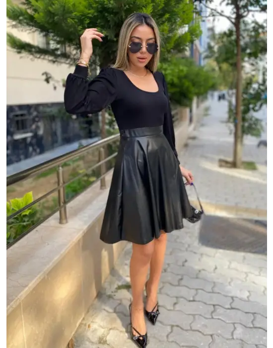 Omarı Deri Detaylı Kadın Uzun Kollu Elbise