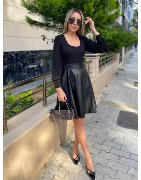 Omarı Deri Detaylı Kadın Uzun Kollu Elbise