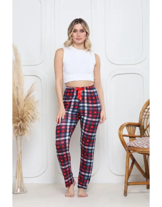 Viskon likralı alt pijama küçük ekose baskı desenli q6018