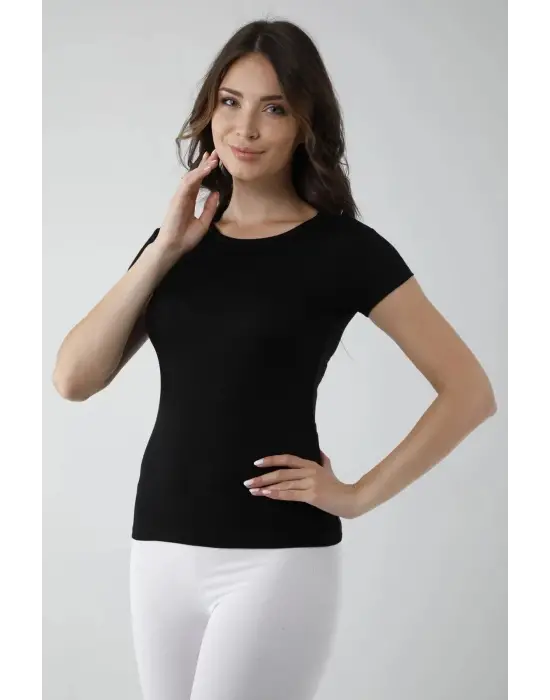 Omarı Yarım Kollu Siyah Açık Yaka Kadın Badi