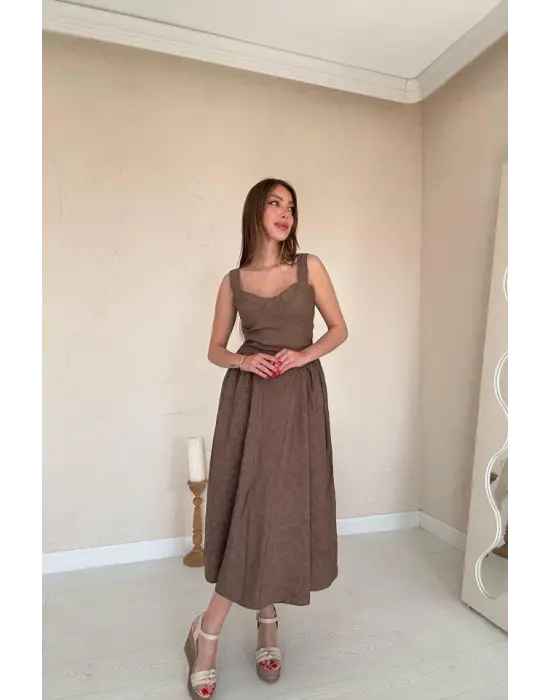 Omarı Vizon Rengi Yanları Büzgülü Elbise