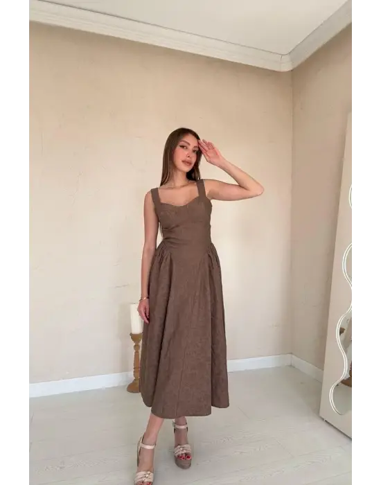 Omarı Vizon Rengi Yanları Büzgülü Elbise