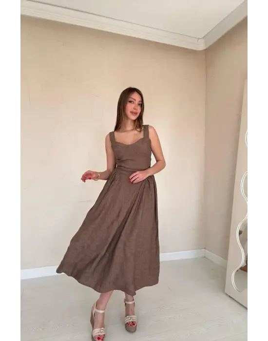 Omarı Vizon Rengi Yanları Büzgülü Elbise