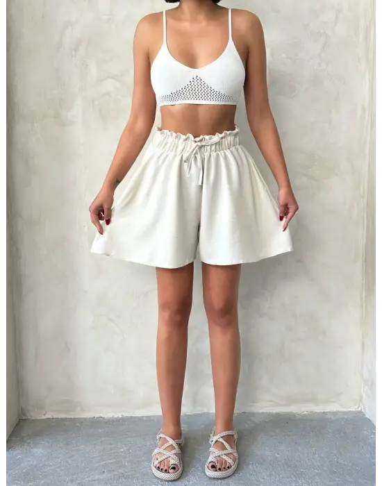 Volanlı keten şort bej s255058