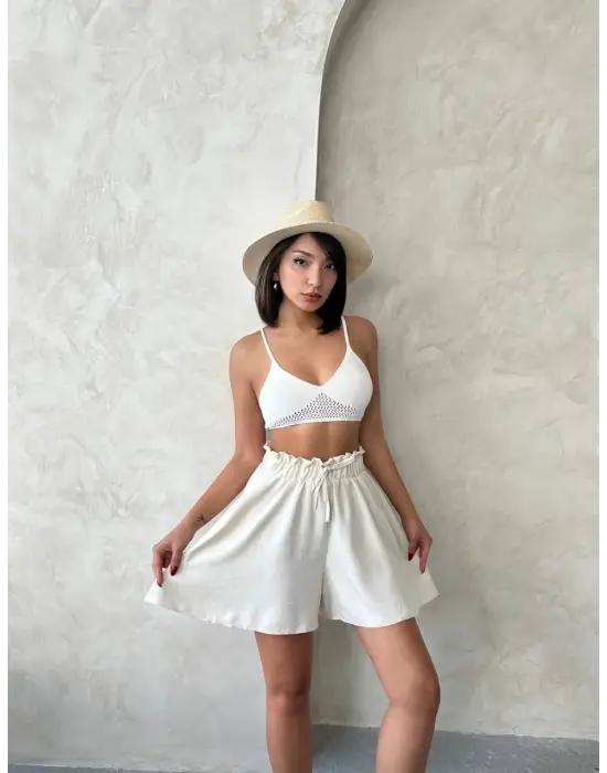 Volanlı keten şort bej s255058