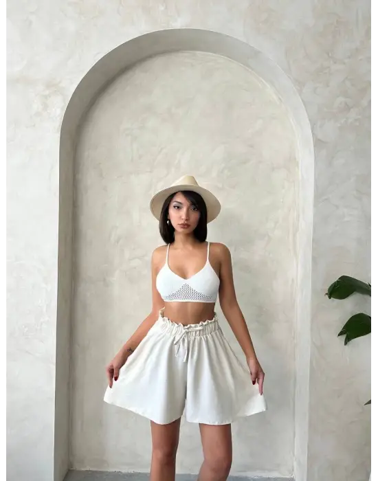 Volanlı keten şort bej s255058