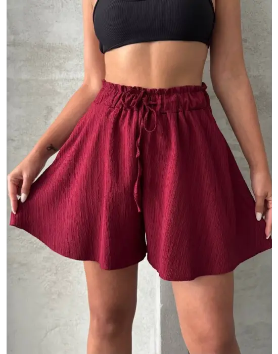 Volanlı keten şort bordo s255058