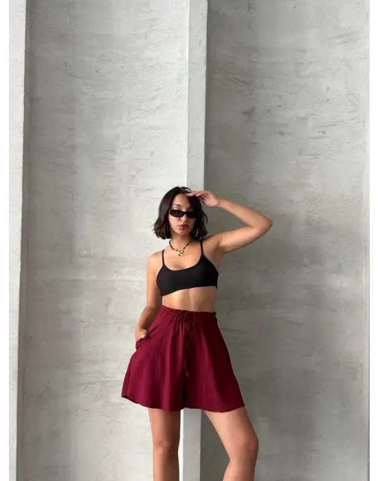 Volanlı keten şort bordo s255058