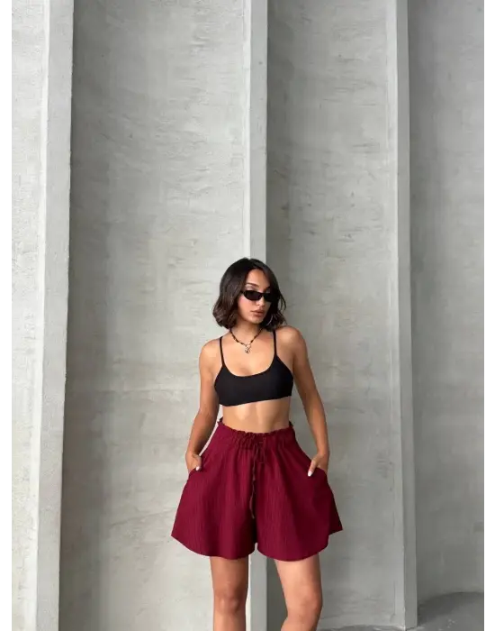 Volanlı keten şort bordo s255058