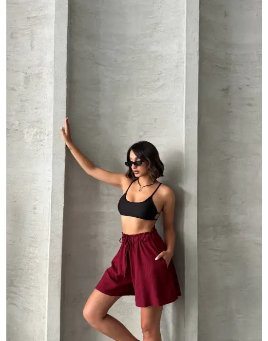 Volanlı keten şort bordo s255058