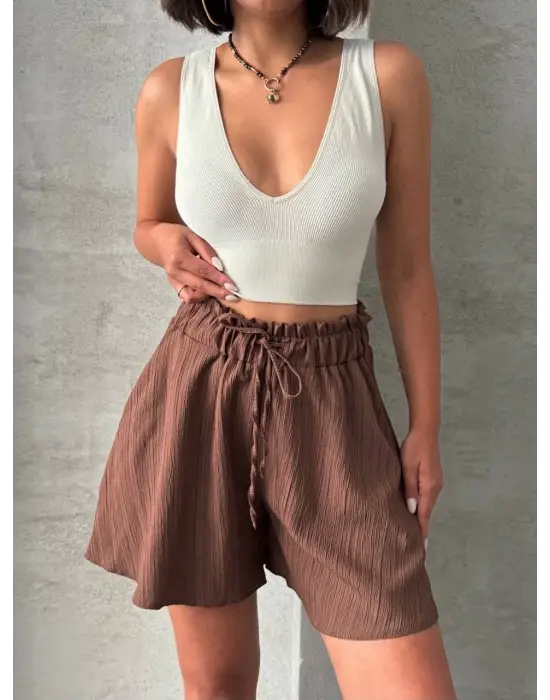 Volanlı keten şort kahve s255058