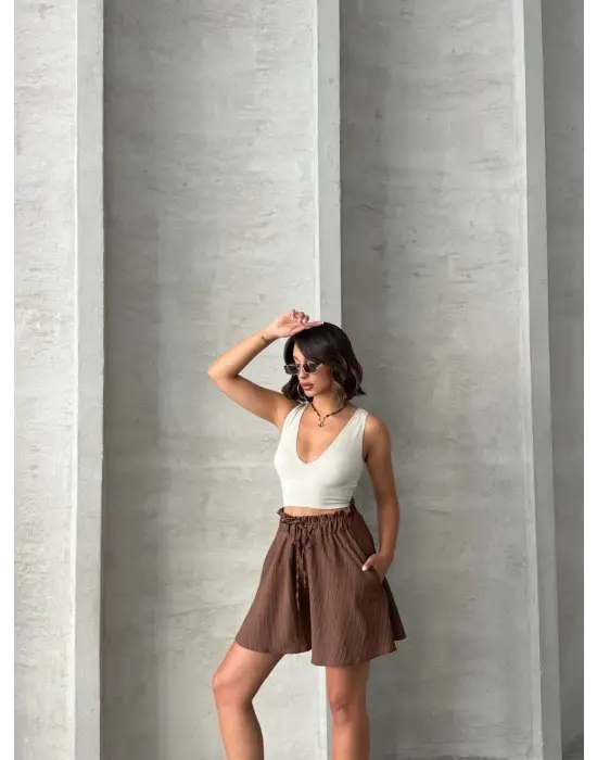 Volanlı keten şort kahve s255058