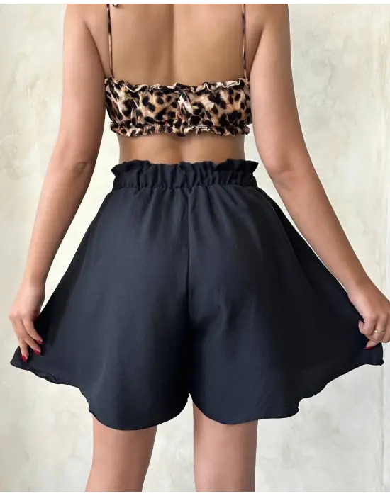 Volanlı keten şort siyah s255058