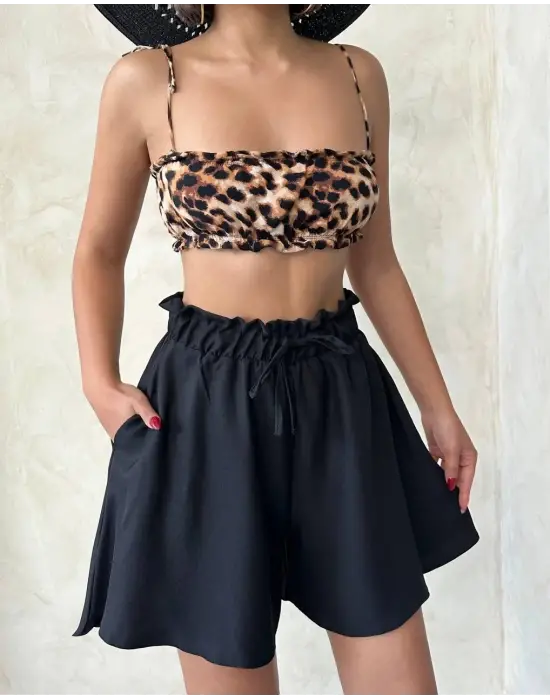 Volanlı keten şort siyah s255058