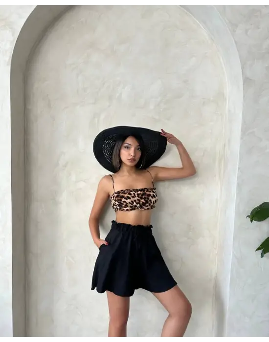 Volanlı keten şort siyah s255058