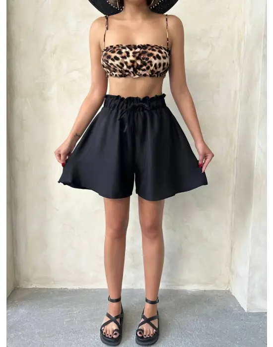 Volanlı keten şort siyah s255058