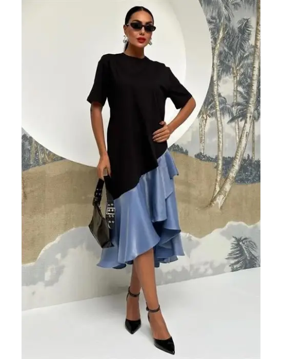 Omarı Şık Volan Detaylı Siyah Elbise