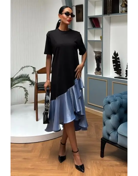 Omarı Şık Volan Detaylı Siyah Elbise