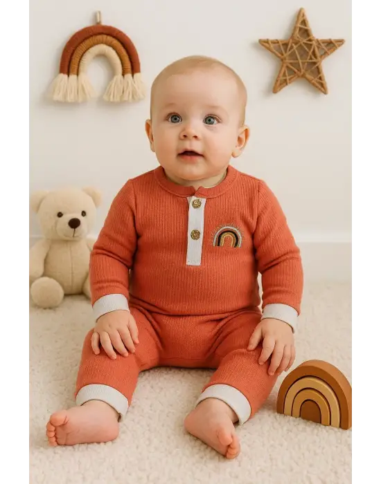 Waffle Gökkuşağı Nakışlı Erkek Bebek Tulumu