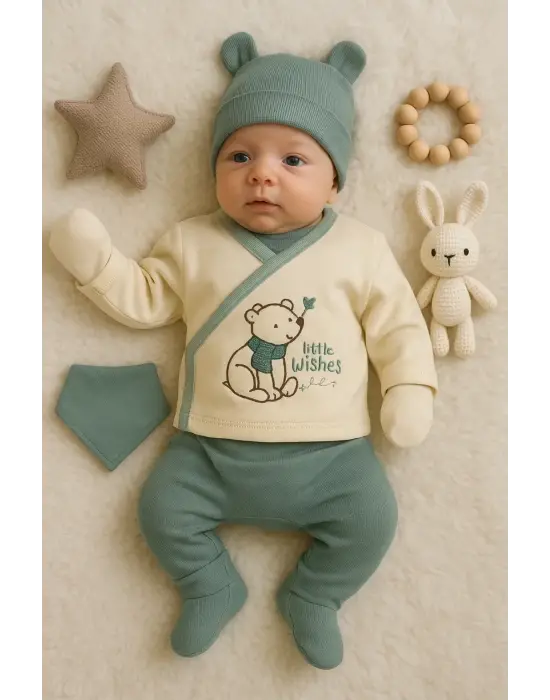 Waffle Natural % 100 Pamuk 5li Erkek Bebek Hastane Çıkış Seti