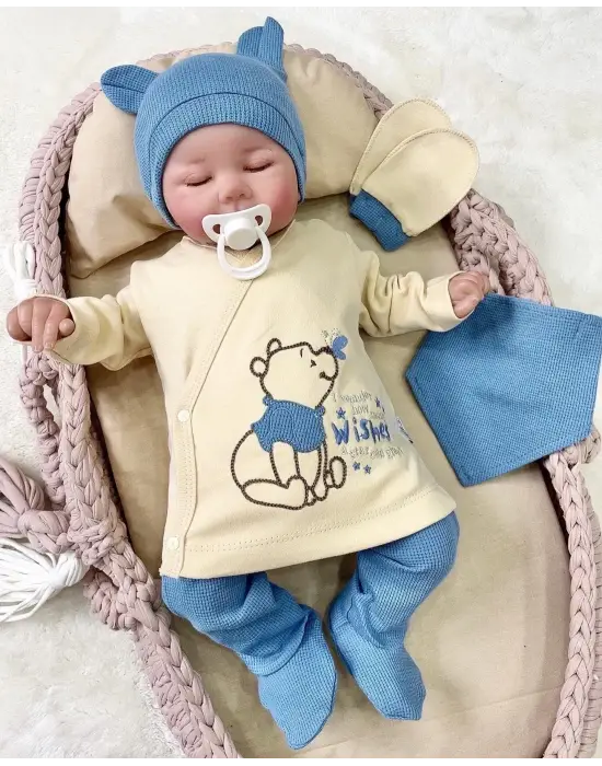 Waffle Natural % 100 Pamuk 5li Erkek Bebek Hastane Çıkış Seti