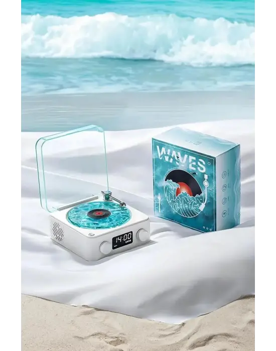 Waves Nostalji Plak Görünümlü Bluetooth Hoparlör 3d Ses Dalgası Retro Müzik Plak Mavi
