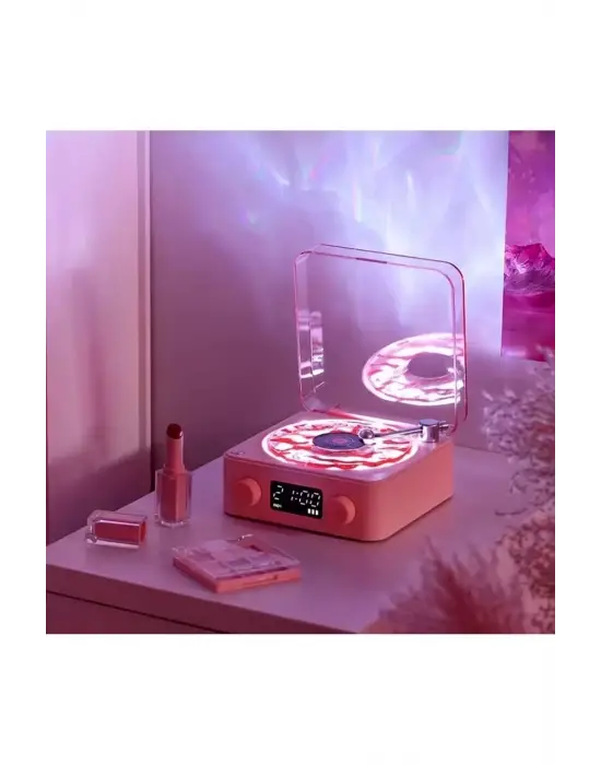 Waves Nostalji Plak Görünümlü Bluetooth Hoparlör 3d Ses Dalgası Retro Müzik Plak Pembe