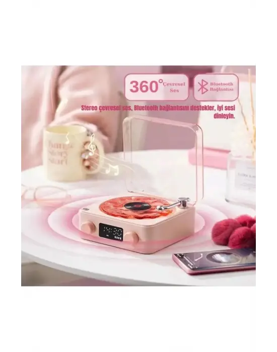 Waves Nostalji Plak Görünümlü Bluetooth Hoparlör 3d Ses Dalgası Retro Müzik Plak Pembe