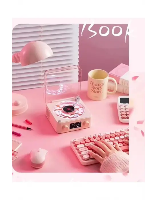 Waves Nostalji Plak Görünümlü Bluetooth Hoparlör 3d Ses Dalgası Retro Müzik Plak Pembe