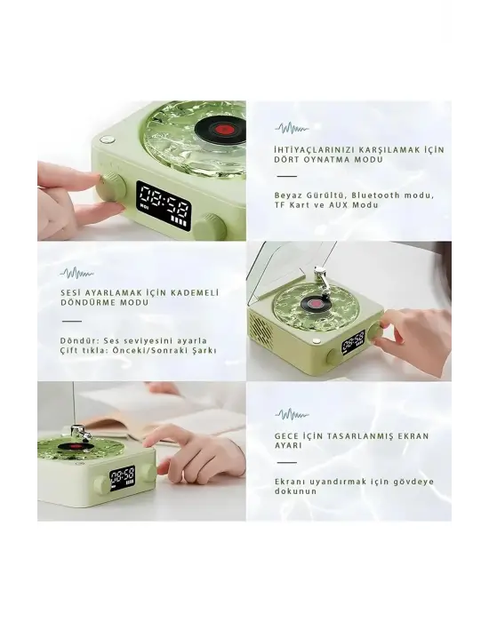 Waves Nostalji Plak Görünümlü Bluetooth Hoparlör 3d Ses Dalgası Retro Müzik Plak Yeşil