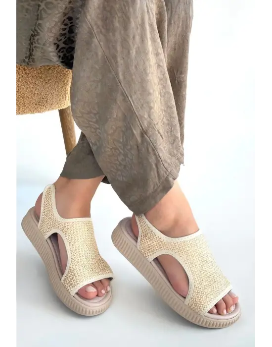 Wayi Bej Hasır Cilt Sandalet