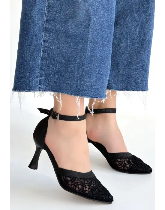 Weja Siyah Cilt Tül Detaylı Simli Topuklu Ayakkabı