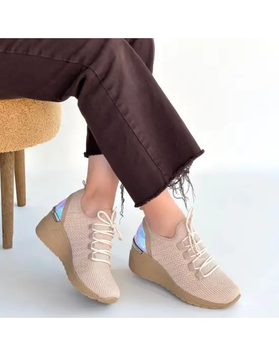 Weor Bej Triko Bağcıklı Spor Ayakkabı