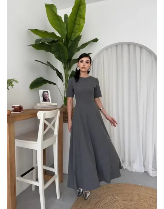 Omarı Kadife Pliseli Midi Elbise