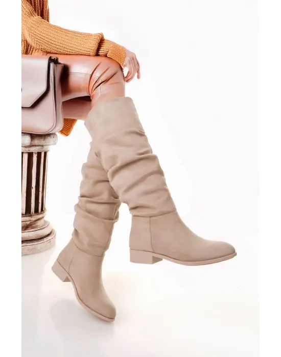 Winda Bej Süet Körüklü Çizme