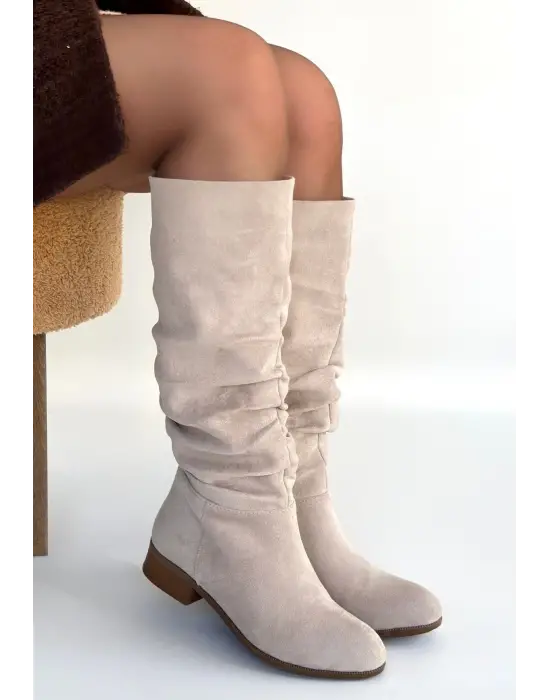 Winda Bej Süet Körüklü Topuklu Çizme