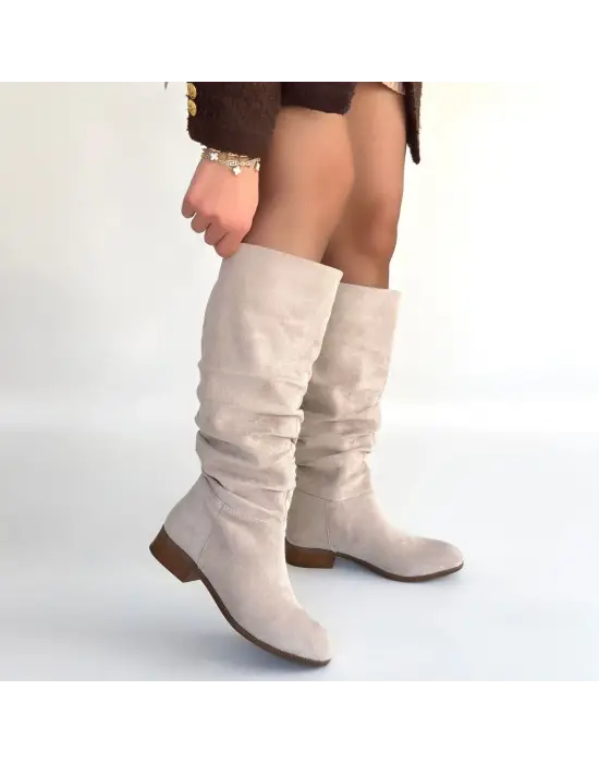 Şık Bej Süet Körüklü Topuklu Çizme