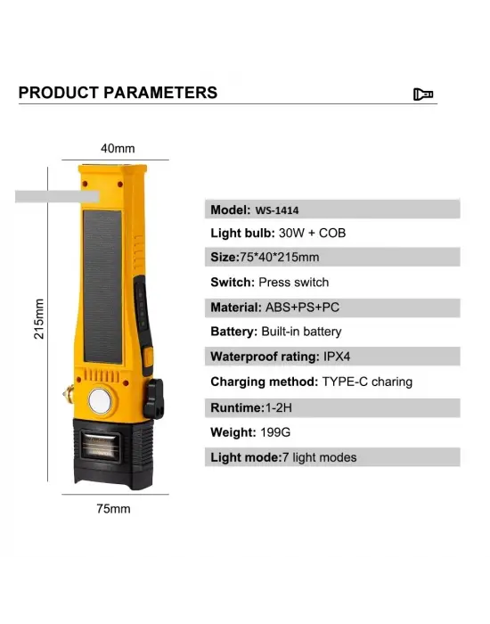Wison Ws-1414 Cam Kıracaklı Dijital Göstergeli Mıknatıslı Şarjlı Acil Durum Tamirci Feneri