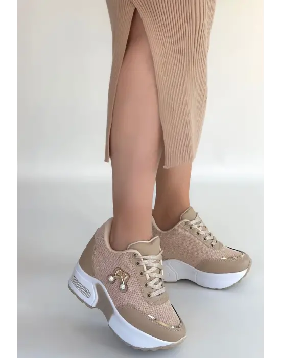 Wody Bej Cilt Simli Bağcıklı Spor Ayakkabı