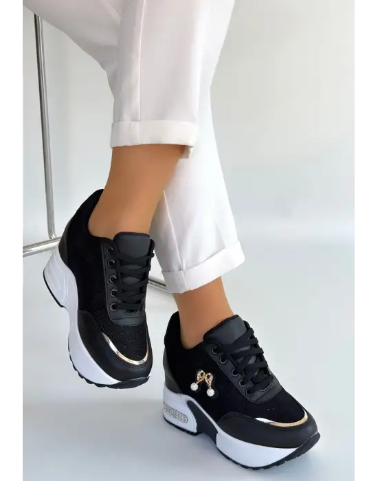 Wody Siyah Cilt Simli Bağcıklı Spor Ayakkabı