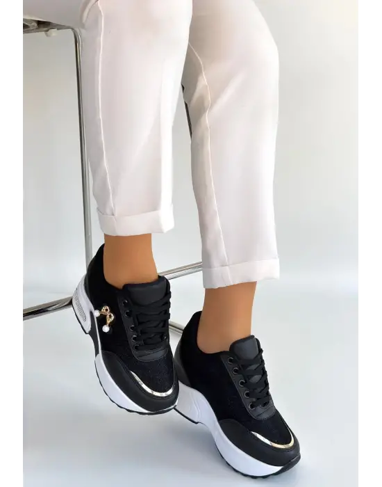 Wody Siyah Cilt Simli Bağcıklı Spor Ayakkabı